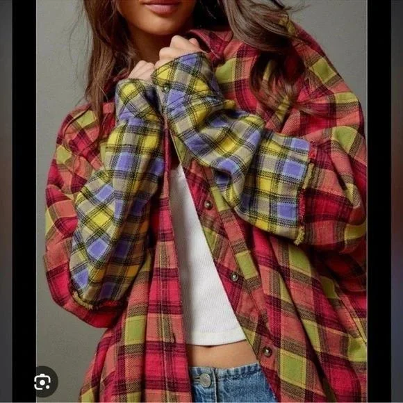 BDG Urban Outfitters One Way or Another Plaid Flannel Shirt Womens Medium Pink - Picture 2 of 12